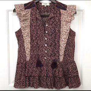 Sea New York Boho Ruffle Sleeve Summer Top Size 8 Wine, Cream Floral Pattern
